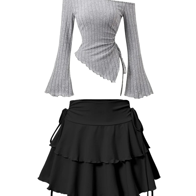 New Fashion Women's Half Skirt Summer Casual Elastic High Waist Slim Skirt Long Sleeve Slant Shoulder Sexy T-shirt Top 2-Piece