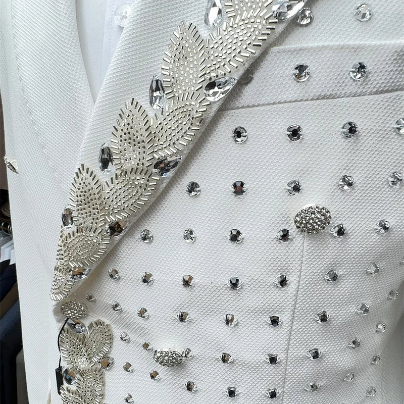 Two Pieces Formal Blazer Pants Set, Crystals Beaded Party Tuxedos Beaded Wedding Groom Suit Set, Luxurious Men's Formal Suit