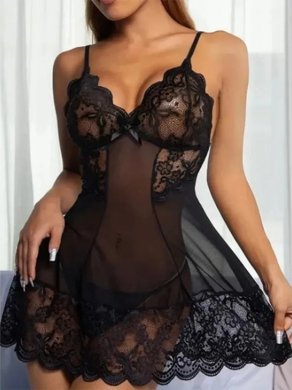 Summer Sleepwear Women Nightdress Sexy Lace Chemise Bow Nightgown V Neck Full Slip Babydoll Lingerie Sleep Dress