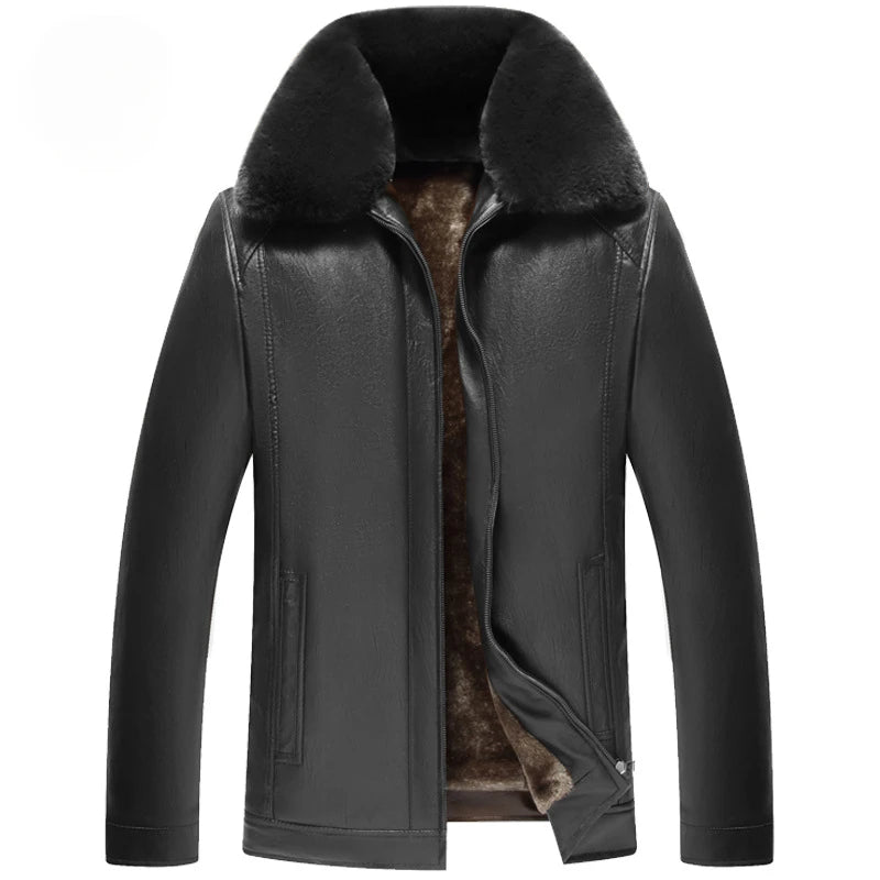 New Winter Men Fleece Leather Jackets Fur Collar Quality Male Casual PU Leather Coats Man Wool Liner Warm Leather Jacket 3XL