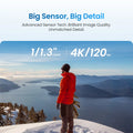 Xtra Edge Action Camera 1/1.3" Sensor, 16m No-Case Waterproof (55m with case), IP68, Dual Touchscreen, 4K 120fps, 240fps Slow Motion, MotionMaster+ Stabilization, 1900mAh Cold-Resistant Battery, -20°C Operation, 512GB Max