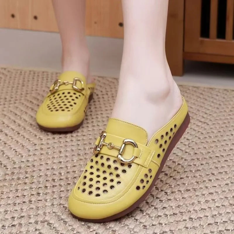 Women's Hollow Out Mules Summer Closed Toe Slippers Soft Leather Sole Horsebit Loafers Breathable Outdoor Flat Lazy Slides