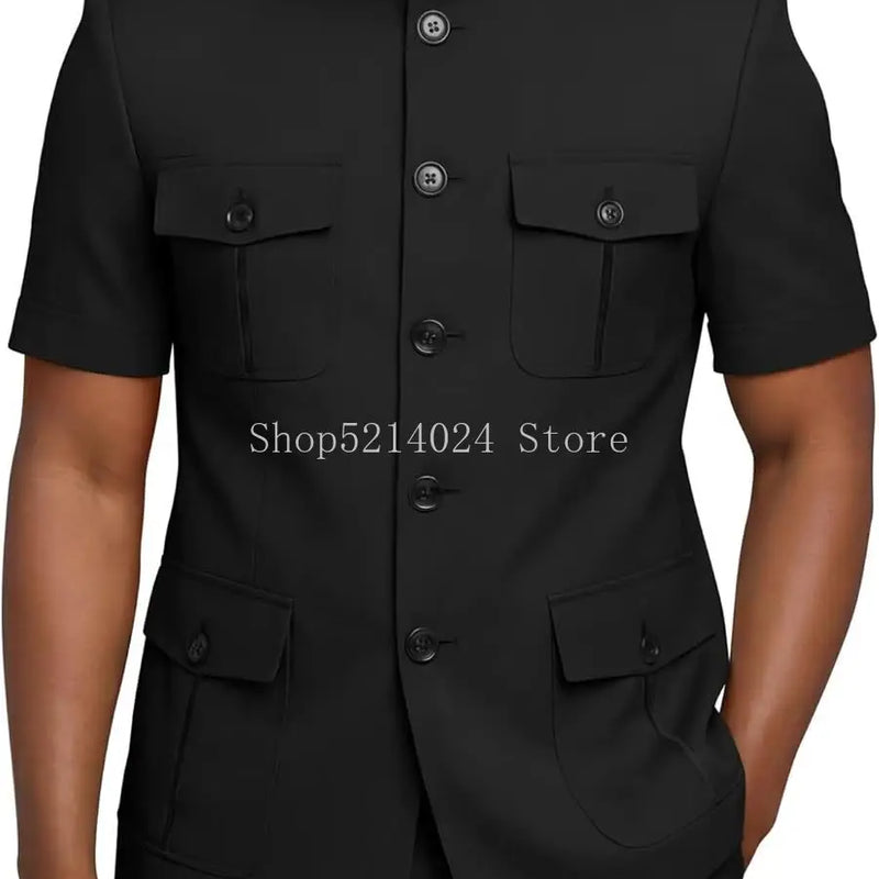 Mens Safari Suit 2 Piece Short Sleeve Suits for Men Regular Fit Stand Collar Suit African Clothes