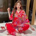 Cotton Sleepwear Big Size Cardigan Seven-minute Pants Two-piece Print Loungewear Pajama Sets Summer Nightwear Korean Fashion