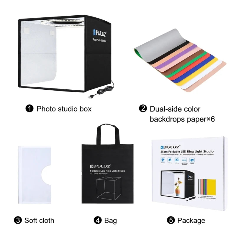 PULUZ 25cm Folding Portable High 97 CRI Ring LED Light Photo Lighting Studio Shooting Tent Box with 12 Colors Backdrops