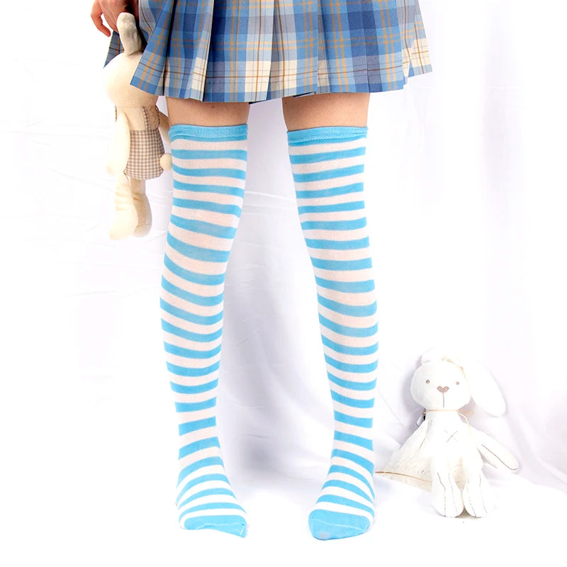 Sexy Long Over Knee Thigh Highs Socks Japanese Black White Striped Women Ladies Girls Kawaii Lolita Anime Cotton Warm Stocking