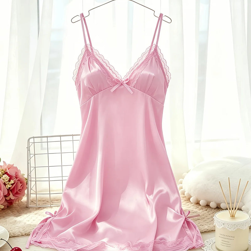 Women's Satin Cami Nightdress V Neck Lace Trim Sleepwear | SAMAG