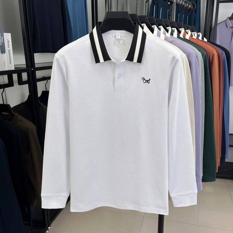 Men's 100% Cotton Original Design Printed Long Sleeved Polo Shirt Spring Autumn Simple Fashion Business Lapel T-shirt Men's Wear