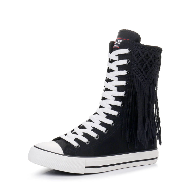 Boots Women Sneakers Canvas Casual High Top Shoes Long Boot Lace-Up Zipper Comfortable Flat Boot Sneakers Tenis Feminino