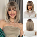 EASIHAIR Short Straight Bob Hair Synthetic Wigs for Women Brown Straight Natural Wigs with Eight Character Bangs Daily Cosplay