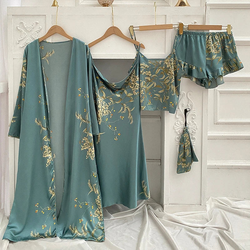 Silk Robe Sleep Suit Women's Lace Satin Pajamas Gown Set | SAMAG