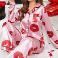 Cute Cat Print Pajama for Women Satin Long Sleeve Lapel | SAMAG