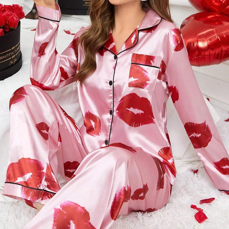 Cute Cat Print Pajama for Women Satin Long Sleeve Lapel | SAMAG
