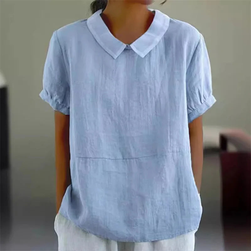 Solid Color Cotton Linen Lapel Pullover Shirt Women - View 2 | SAMAG