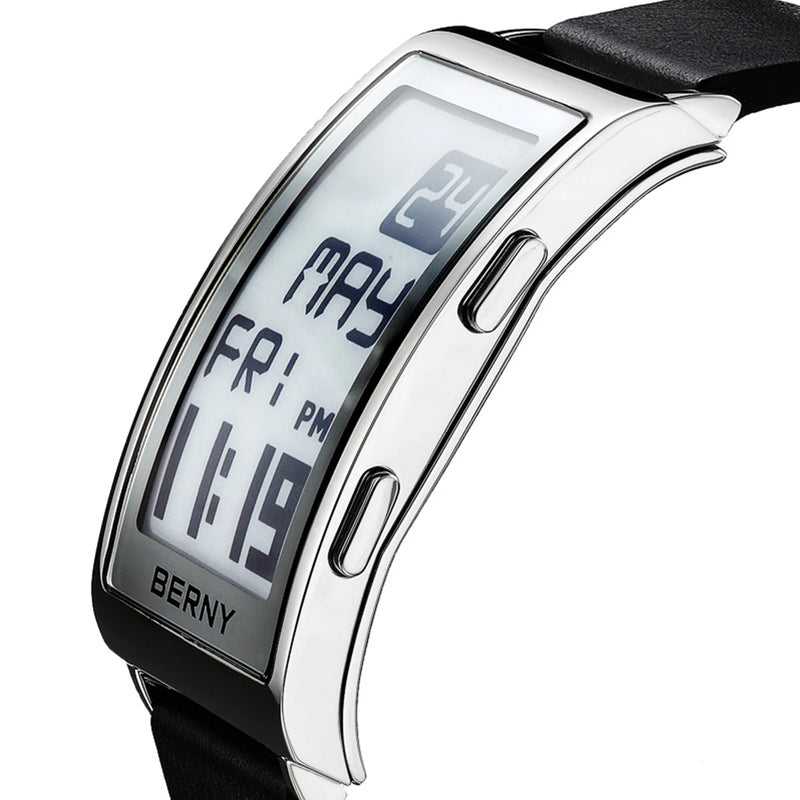 Electronic Digital Watch for Men Fitness Ink Wristwatch Stainless Steel Case Leather Strap 3ATM Waterproof Men Sport Watch Ink