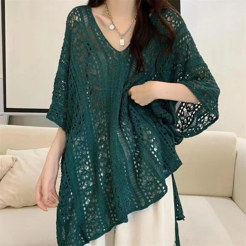 Women Beach Cover Up Crochet Sexy Deep V-Neck Side Slit Short Sleeve Hollow Out Knitted Fashion Cover-Ups Knitting Smock