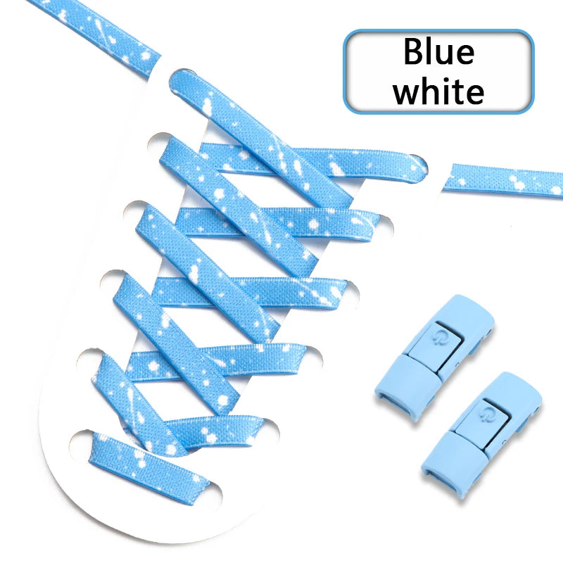 No Tie Shoelaces for Sneakers Colorful Press Metal Lock Shoelace Splashing Ink Print Flat Elastic Laces Without Ties Shoe Laces