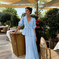 Summer Women's V-Neck Lace-Up Bubble Puff Sleeve Shirt  Long Skirt Set Loose Casual 2 Two-Piece Suit Sets