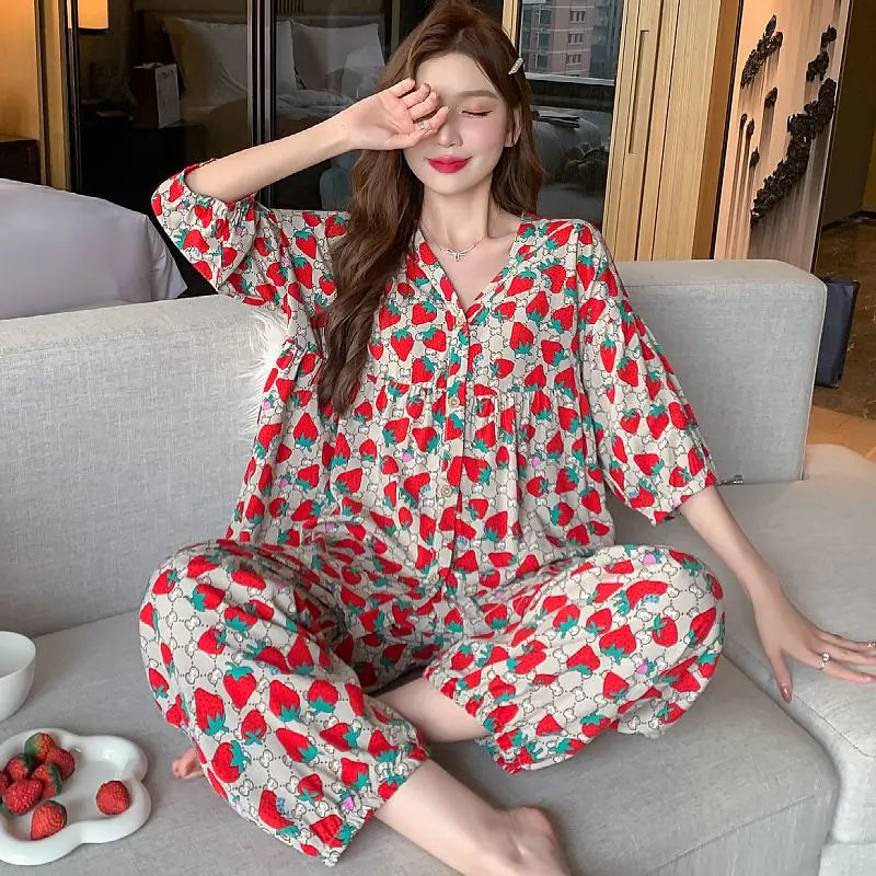 Cotton Sleepwear Big Size Cardigan Seven-minute Pants Two-piece Print Loungewear Pajama Sets Summer Nightwear Korean Fashion