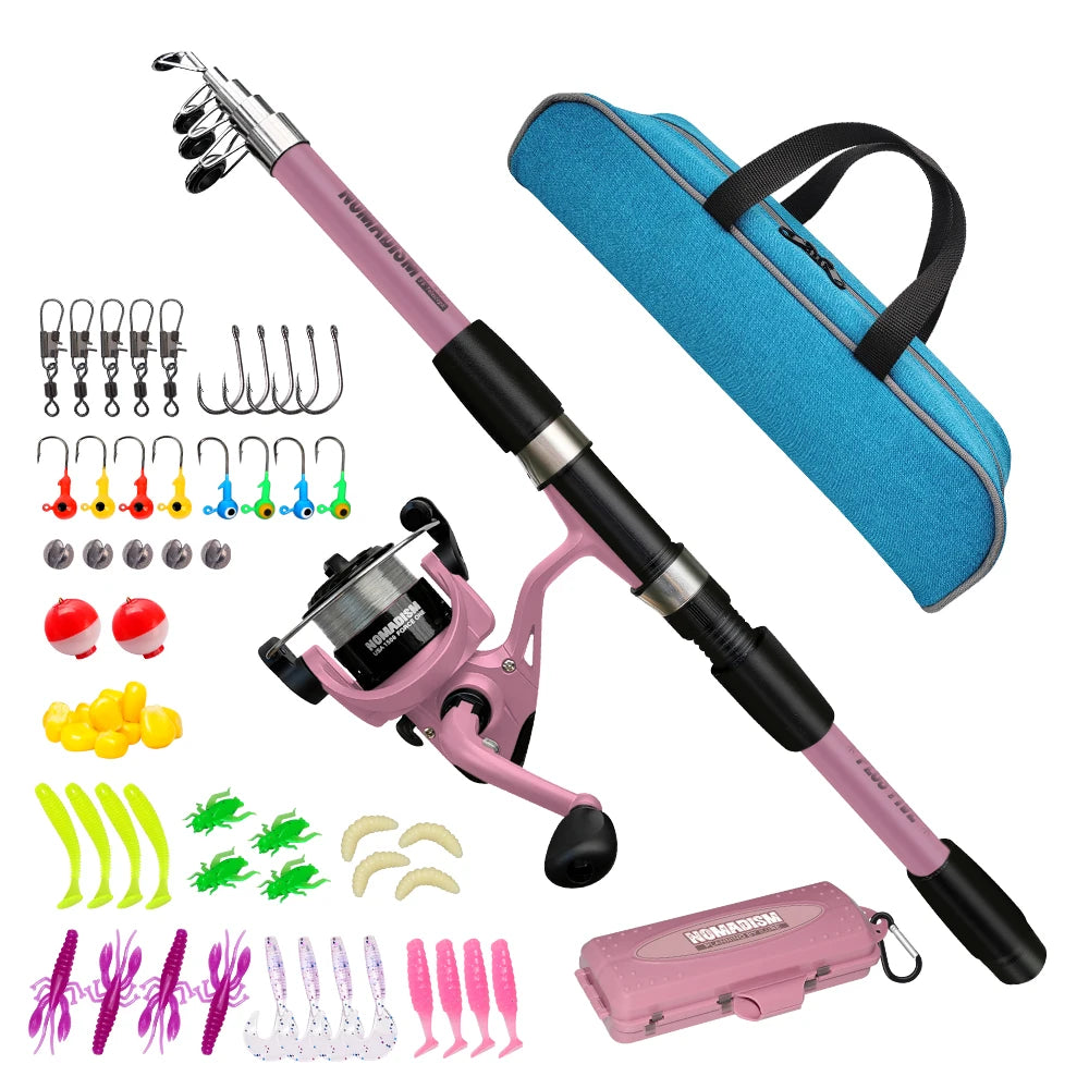 New 1.65mTelescopic Fishing Rod And Spinning Reel Kit with Baits Hooks Travel Pole Set Bait Hook Tackle Set for Outdoor Sports