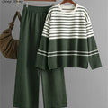 SINGREINY Homewear Loose Knitting Sets Women O-Neck Split Basic Striped Tops+High Waist Wide Legs Pants Autumn Winter 2PC Suits