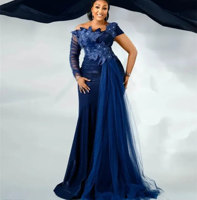 Aso Ebi Arabic Navy Blue Mermaid Evening Dresses Crystals | SAMAG