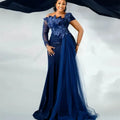 Aso Ebi Arabic Navy Blue Mermaid Evening Dresses Crystals | SAMAG