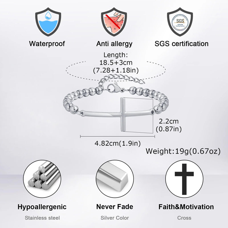 Vnox Simple Big Cross Bracelets with Glossy Stainless Steel Beads Adjustable Beaded Chain Men Religious - Visuel 6 | SAMAG