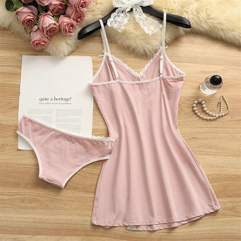 Women Pajama Cotton Suspender Nightdress Set Cute Lace | SAMAG
