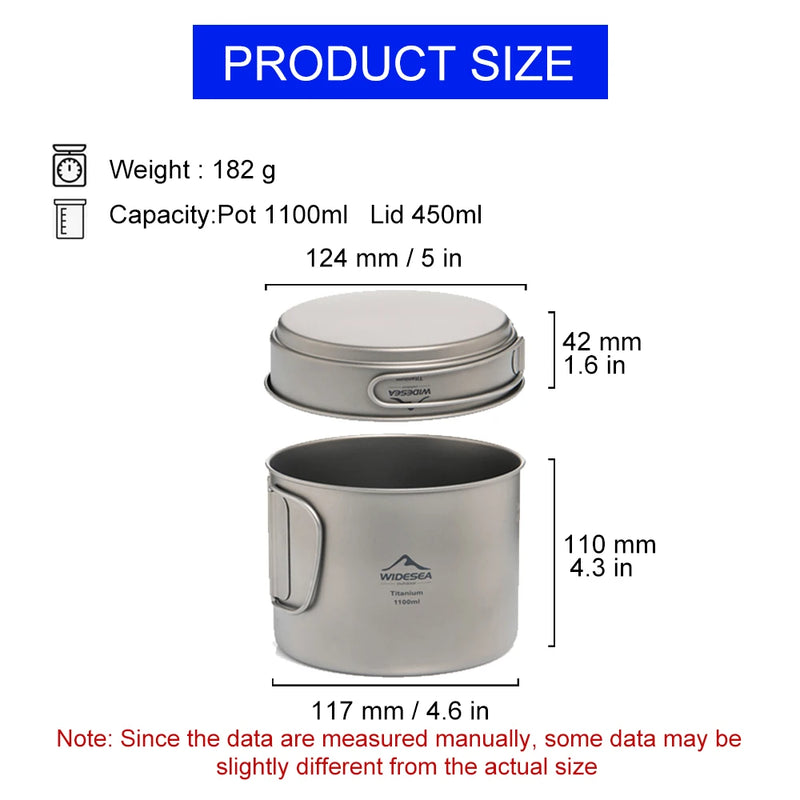 Widesea Ultralight Titanium Camping Pot 1100ml Foldable Handle Portable Outdoor Cookware with Mesh Bag for Backpacking Hiking Tr