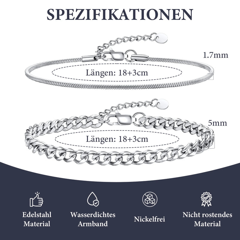 2pcs Cuban Chain Bracelet for Men Boys,Waterproof Stainless Steel Silver Color Chain Wristband,Stylish Fahter's Day Gift