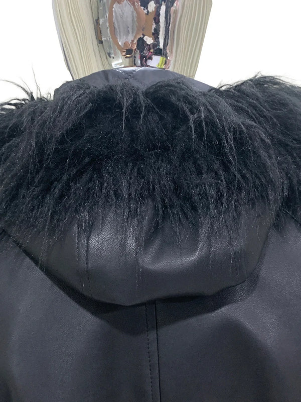 Mauroicardi Autumn Winter Short Oversized Black Warm Pu Leather Jacket Men with Faux Fur Trim Hood Loose Casual Korean Fashion
