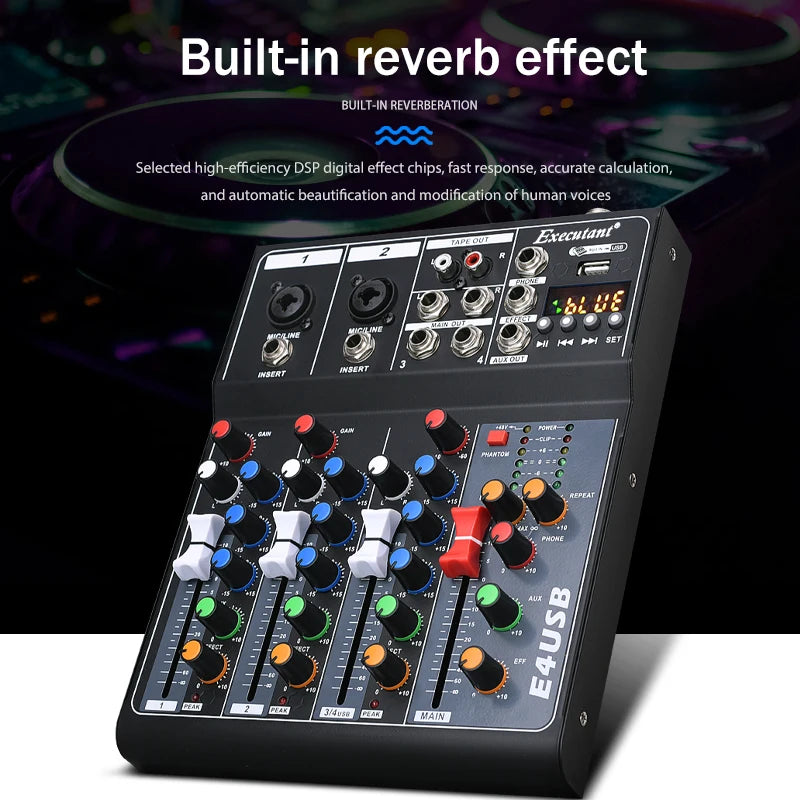 Professional 4-Channel Built-in Bluetooth Reverb Effect Stage Performance Home Mini Sound Mixer Controller
