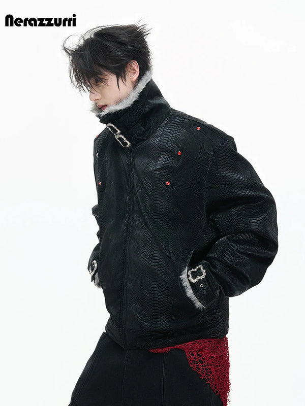 Nerazzurri Autumn Winter Thick Warm Faux Fur Patchwork Snakeskin Print Pu Leather Jacket Men Luxury Emo Menswear Clothing 2026