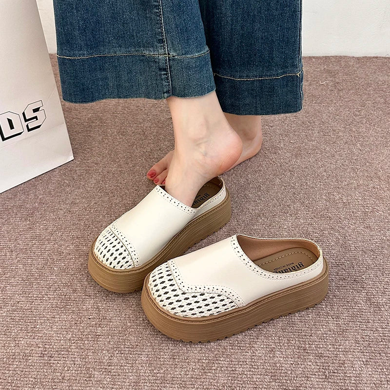 New Summer Women Ladies Stylish Perforated Woven Chunky Platform Mule Clogs Round Toe Non Slip Casual Slide Slippres Dress Shoes