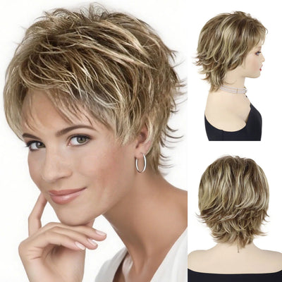 Women's Fashion Short Wigs Natural Synthetic Hair Mixed Blonde Pixie Cut Layered Wig with Bangs Heat Resistant Daily Party Use