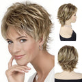 Women's Fashion Short Wigs Natural Synthetic Hair Mixed Blonde Pixie Cut Layered Wig with Bangs Heat Resistant Daily Party Use