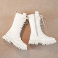 Girls White Lace-Up Boots Booties Side Zipper Soft Bottom Leather Dress/School Riding Boot Kids Autumn/Winter Fashion Mid Boots