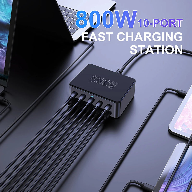 800W USB C GaN Charger 100W PD3.0 PPS QC3.0 10-Port Fast Charging Station for iPhone 16/15 Samsung MacBook Pro Laptops Tablets