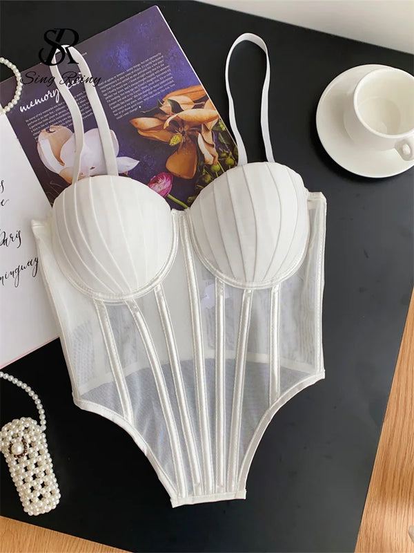 SINGREINY Fashion Solid Corset Lingerie Top Ladies Strap Sheer Mesh Slim Camisole American Retro Backless Beach Sexy Tank Top