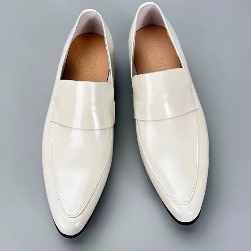 Men's Summer Genuine Leather Breathable Formal Business Shoes Wedding White Leather Shoes Korean Style Pointed Toe Loafers