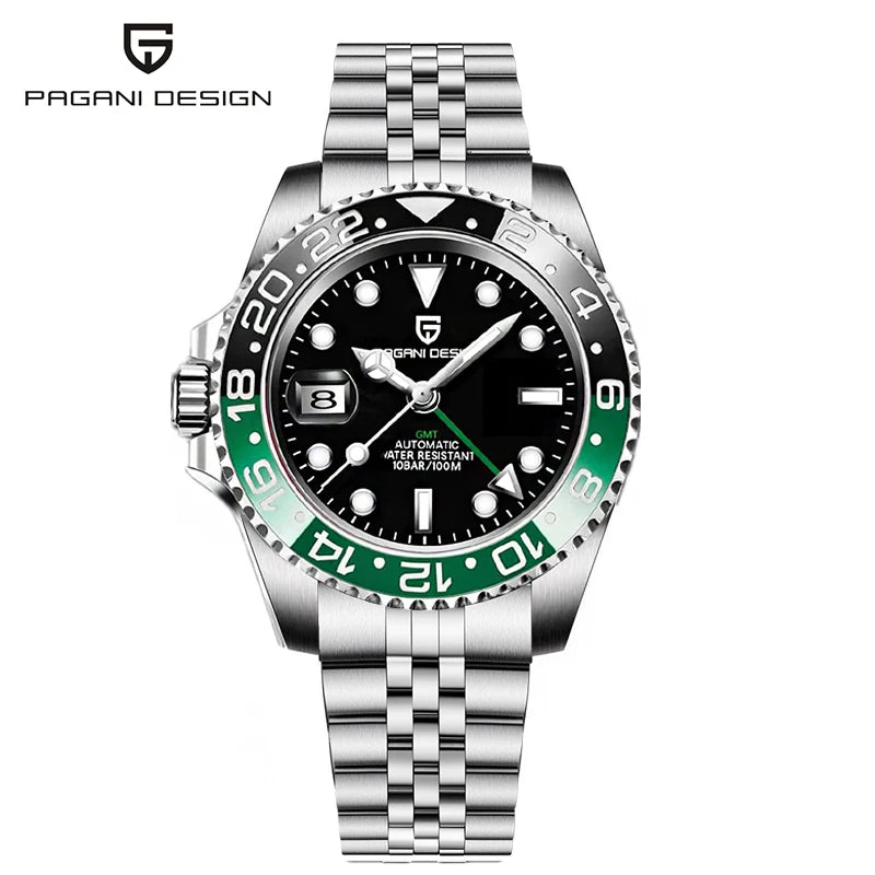 Top PAGANI DESIGN PD1662 Men GMT Automatic Mechanical Watch Black Ceramic Bezel Sapphire Glass 100M Waterproof Jubilee Stainless Steel Bracelet Sports Diver Wristwatch Reloj Hombre+gift box