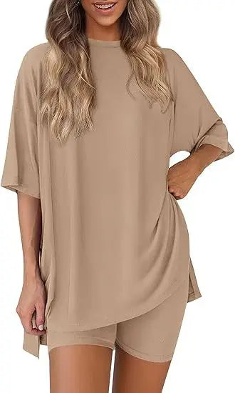 2026women's New Fashion Trend Basic High-quality Casual Round Neck Slit Loose Casual and Comfortable Women's Two-piece Home Suit