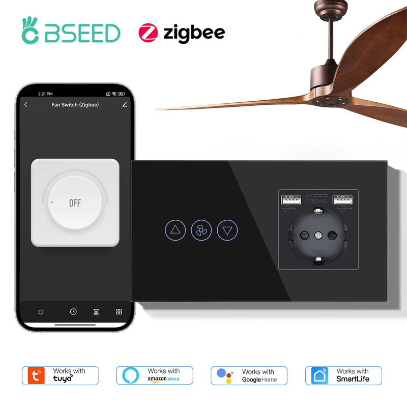BSEED Zigbee Fans Switches Smart Wall Touch  Speed Control Switch With EU Socket Support Tuya Smart Life Alexa Voice Control