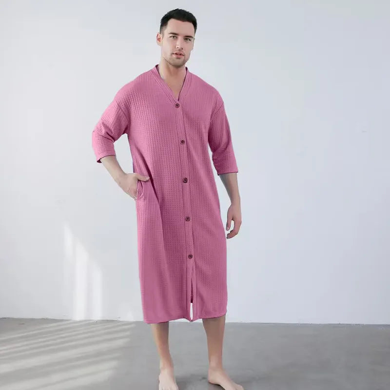 New Button Men's Pajamas Thin Fattened Plus Size Pajamas Bathrobes One-piece Pajamas Men's Loungewear Robe Kimono Bath Robe Men