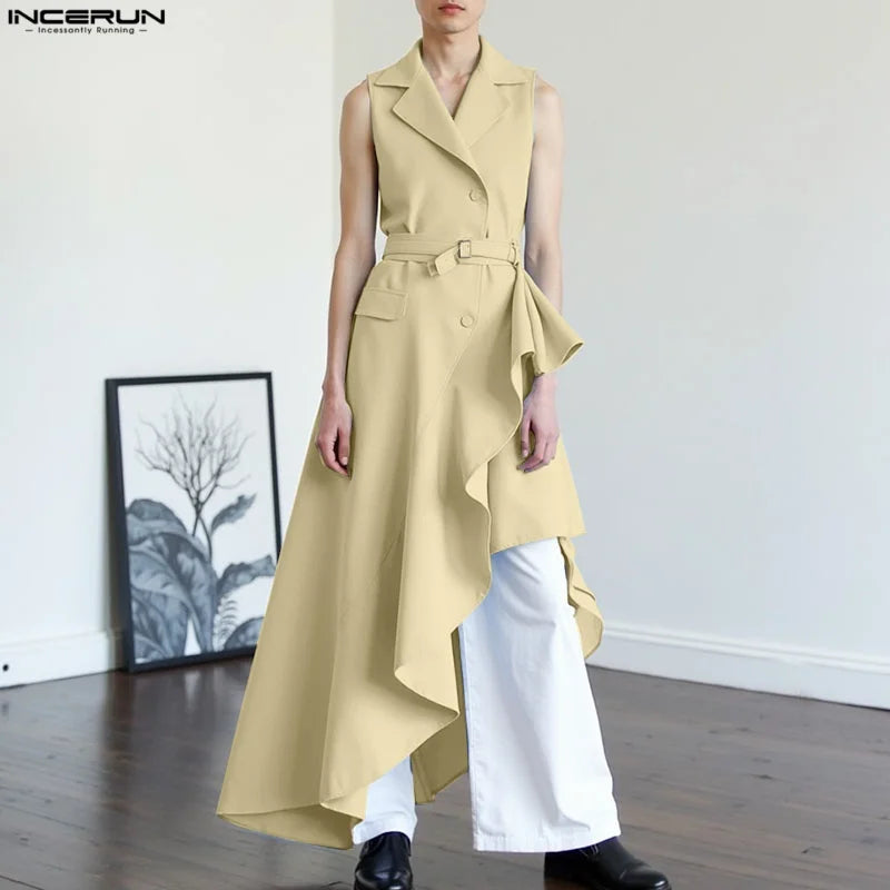 INCERUN Men Vests Solid Lapel Sleeveless Irregular Vests Men 2025 Ruffle Fashion Male Long Style Waistcoats With Belt Streetwear