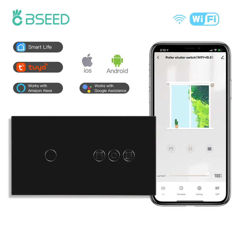 BSEED Wifi Light Switch 1/2/3Gang 1/2/3Way With Smart Roller Shutter Switch Touch Blind Switch Tuya Smart Life Wireless Control