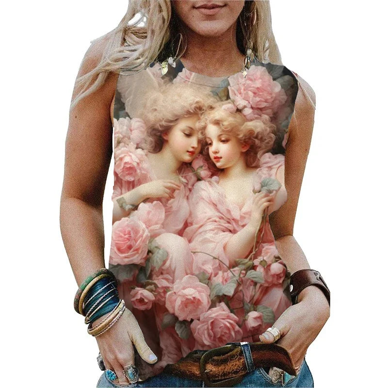 New Cute Angel Baby 3D Print Tank Tops Women Summer O-Neck Casual Vest Off Shoulder Y2k Sleeveless Top Camisole Woman Clothing