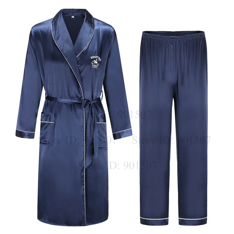 Spring Autumn Male Robe 3PCS Sleepwear Set Ice Silk Kimono Bathrobe Gown Loungewear Loose Casual Satin Homewear Nightwear 3XL