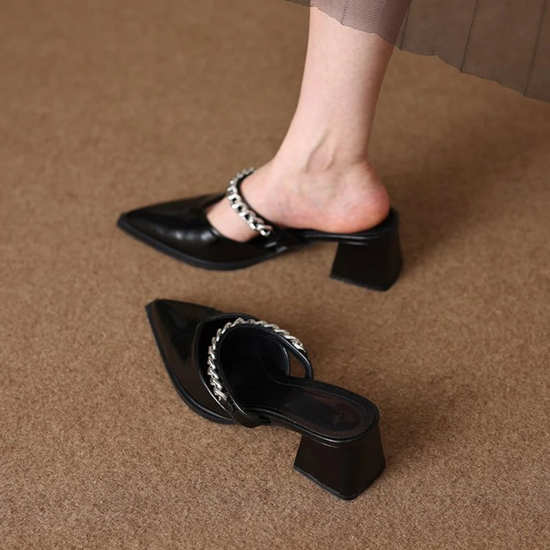 Slip-on Pointed-toe Chunky Heel Mules Casual Fashion Style Multi-colored Metal Chain